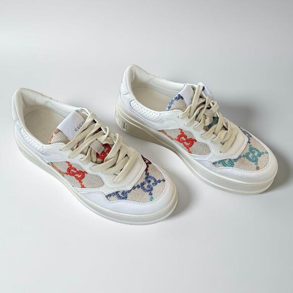 Gucci Paneled Cream Leather and Multi Embroidered Low Top Sneakers Size 40 - Picture 1 of 9
